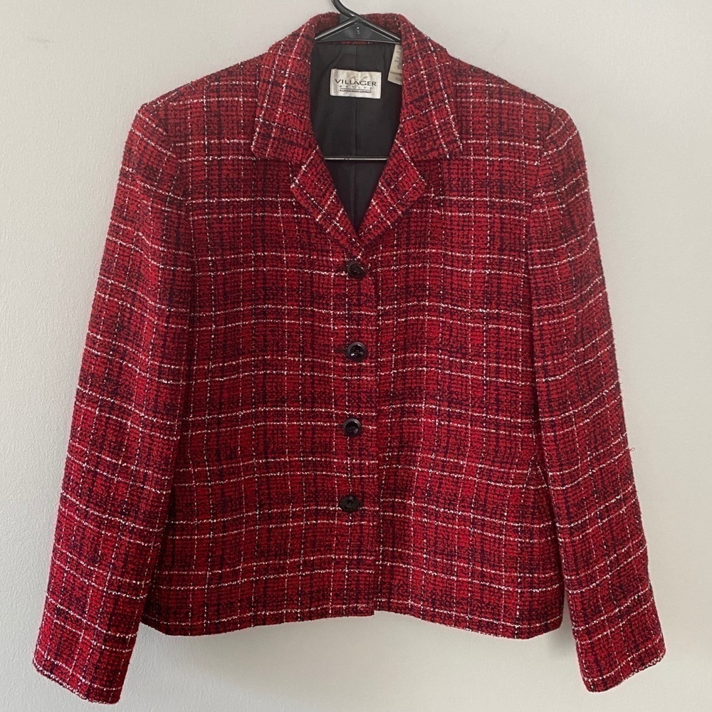 VINTAGE Villager Petite Red Plaid Knit Lined Retro 90s Blazer Jacket Women's 4P